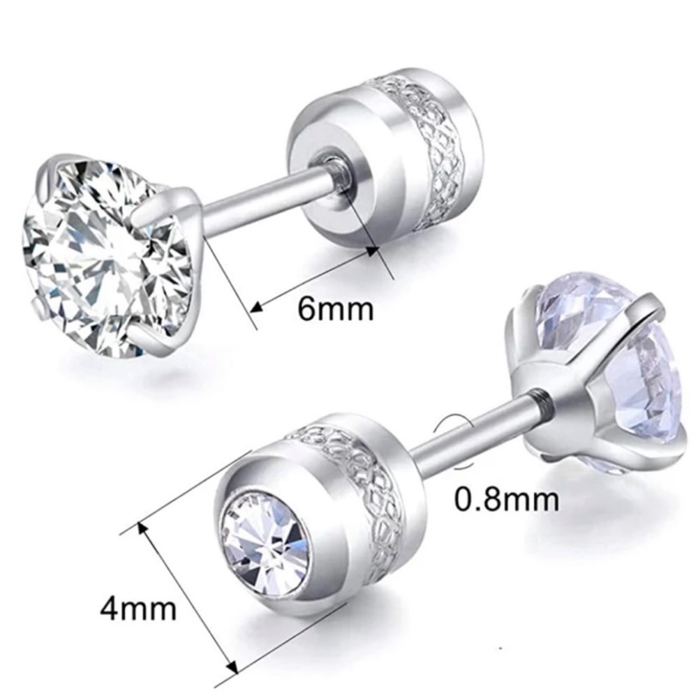 Diamond stud screw on earrings 6mm Hypoallergenic Cubic Zirconia Stainless steel - Picture 3 of 8